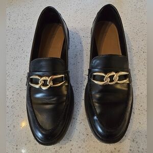 H&M Black Leather Loafers with Gold Chain